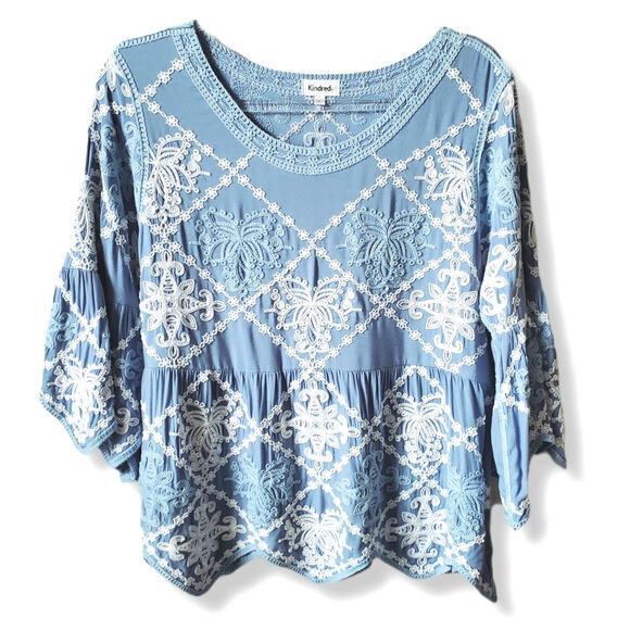 Kindred Tops - Kindred Anthro Women Embroidered Blue Peplum Blouse Top L Boho Cottage Peasant